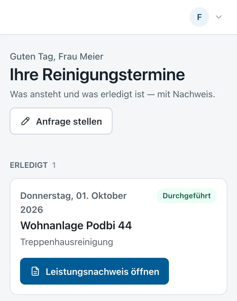 Kundenportal: erledigter Termin mit der Schaltfläche Leistungsnachweis öffnen