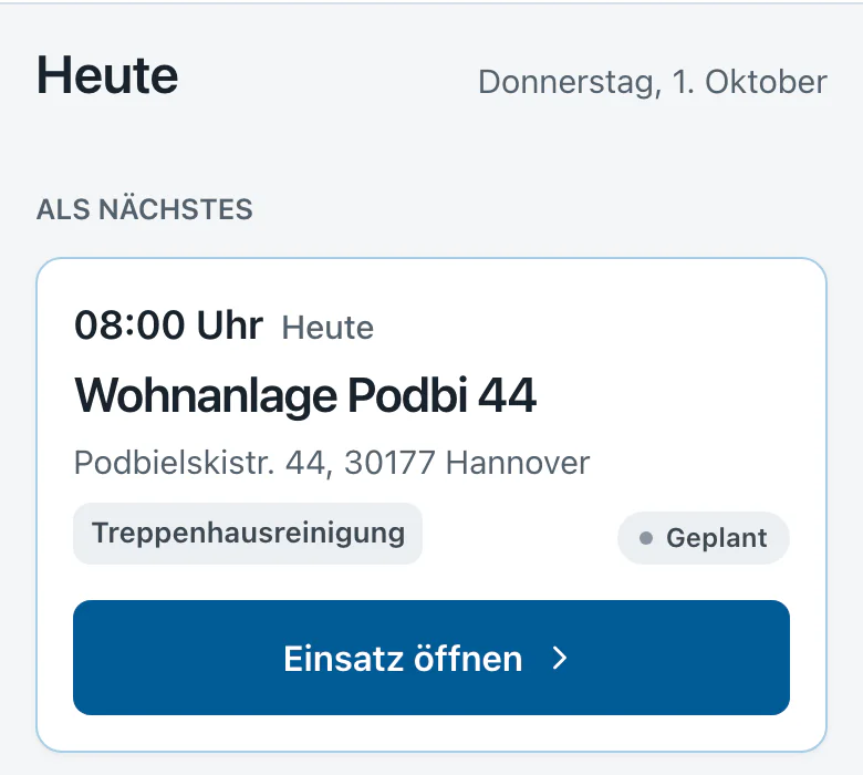 Einsatz-App am Handy: der nächste Einsatz heute um 08:00 Uhr mit Adresse und Leistung