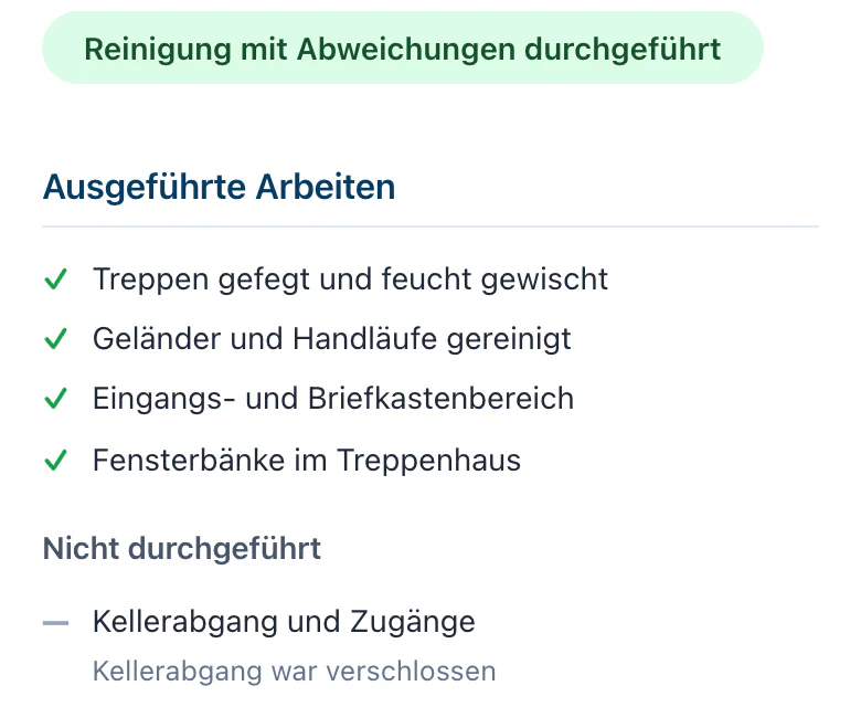 Leistungsnachweis mit dem Vermerk: Reinigung mit Abweichungen durchgeführt