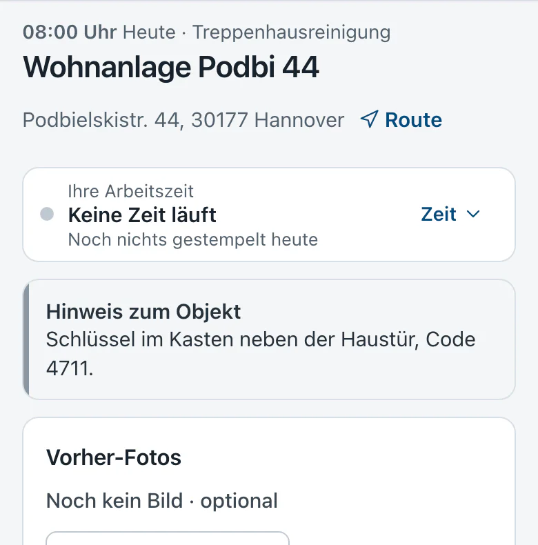 Einsatz vor dem Start: Hinweis zum Objekt mit Schlüsselort und Code, darunter die Vorher-Fotos