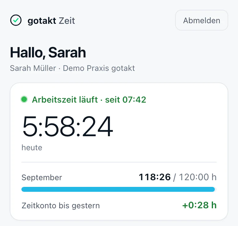 Mitarbeiter-Handy: Arbeitszeit läuft seit 07:42, heute 5:58:24, darunter der Monat und das Zeitkonto